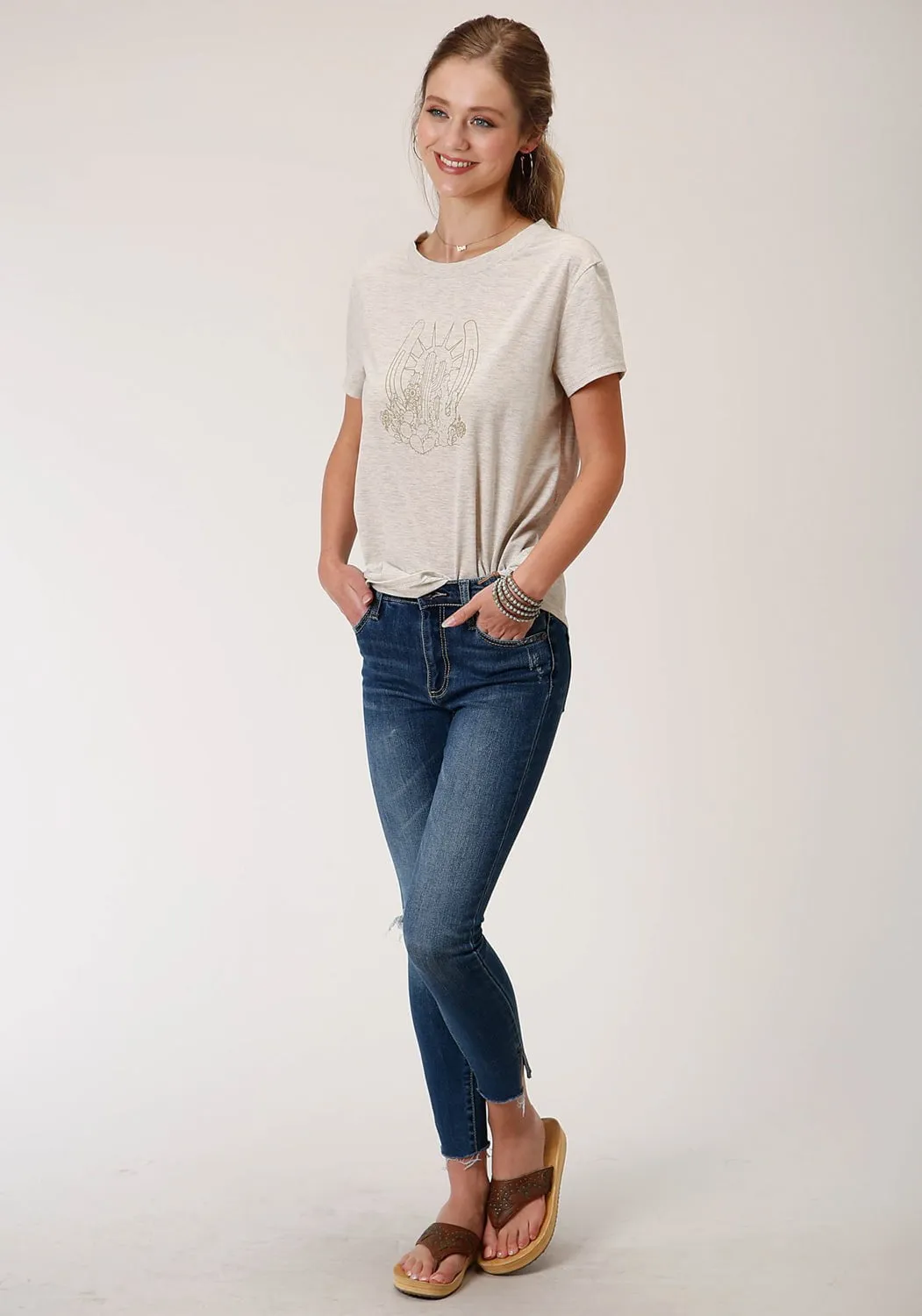 Soft Collar Design Roper Womens Heather Oatmeal Rayon Horseshoe S/S T-Shirt