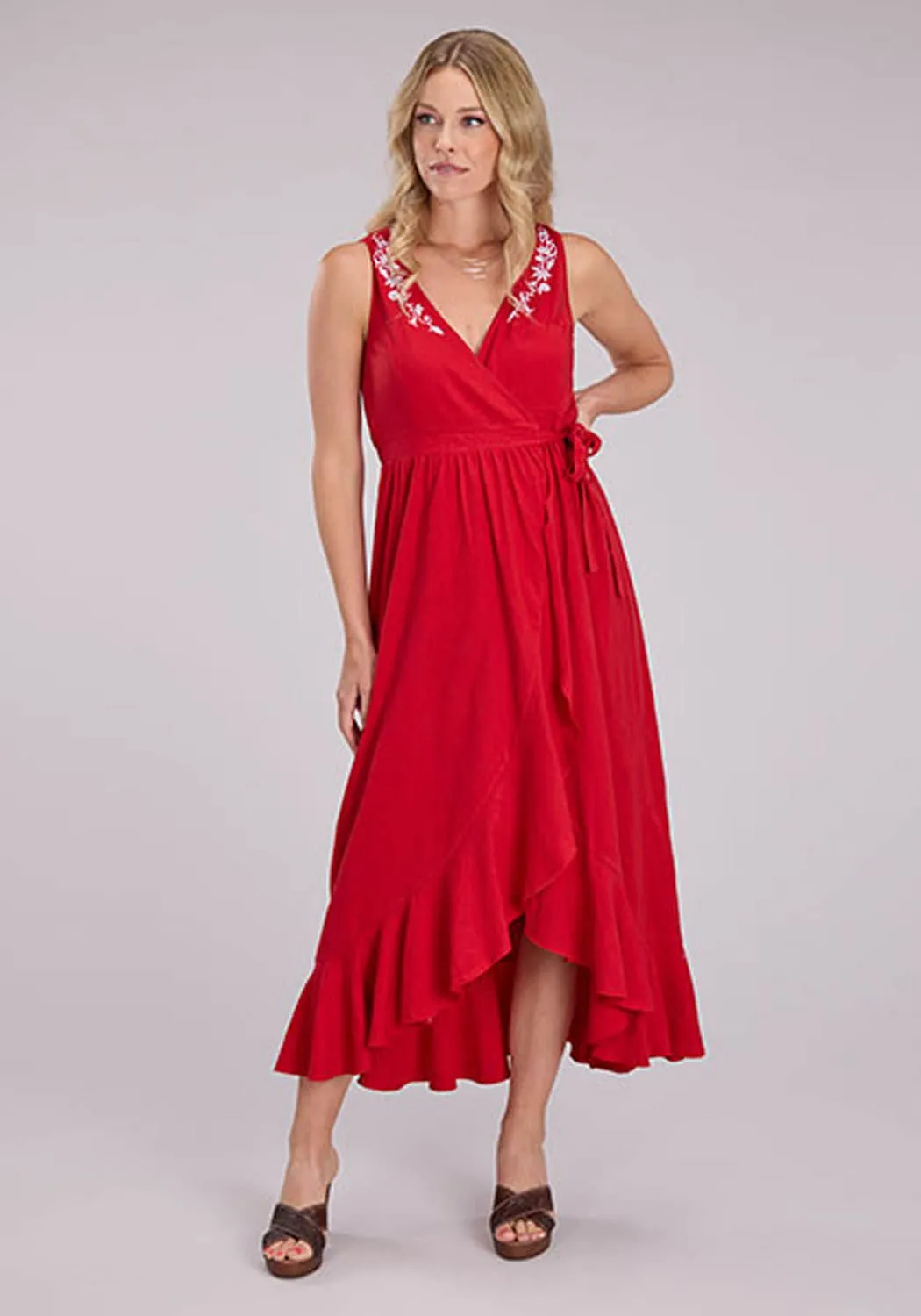 Lightweight Feel Fall Outfit Roper Womens Hi-Lo Ruffled Surplice Red 100% Cotton S/L Dress