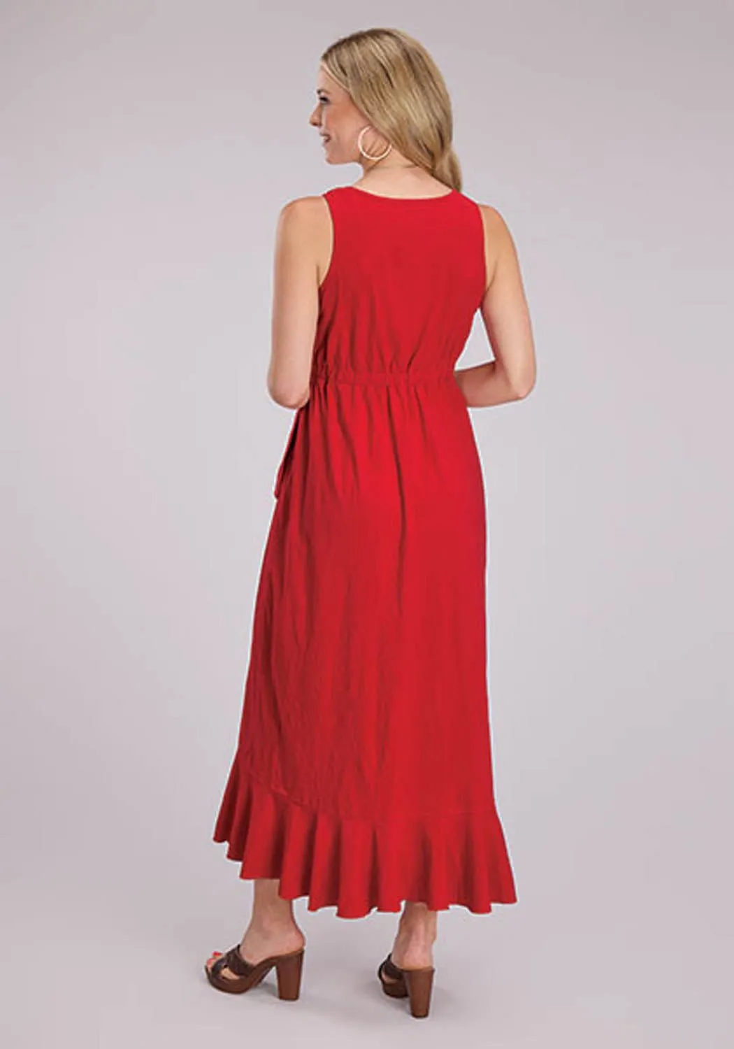 Smooth Lightweight Party Look Classic Wear Roper Womens Hi-Lo Ruffled Surplice Red 100% Cotton S/L Dress