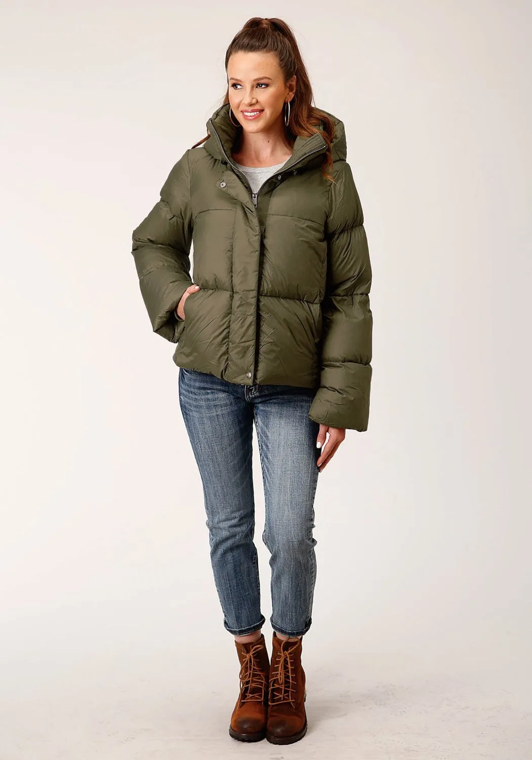 Minimalist Style Holiday Vibes Weekend Warrior Roper Womens Hooded Down Puffer Green Nylon Insulated Jacket