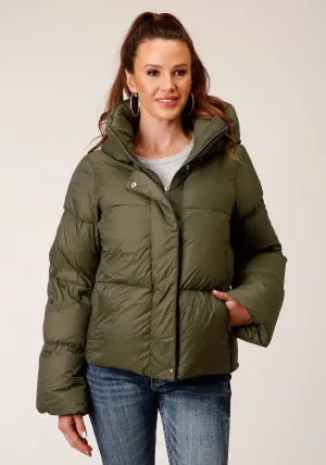 Roper Womens Hooded Down Puffer Green Nylon Insulated Jacket Iconic Shape Sharp Silhouette Athlete Fit Holiday Vibes Roper Womens Hooded Down Puffer Green Nylon Insulated Jacket