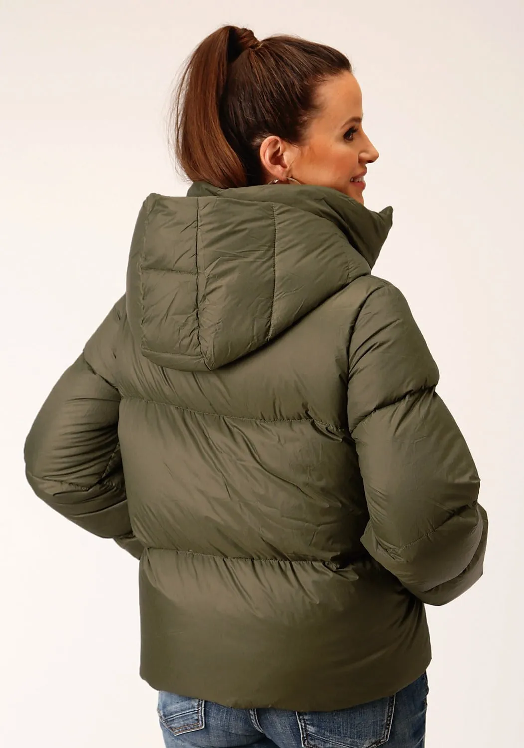 Roper Womens Hooded Down Puffer Green Nylon Insulated Jacket Weekend Style Outdoor Adventure