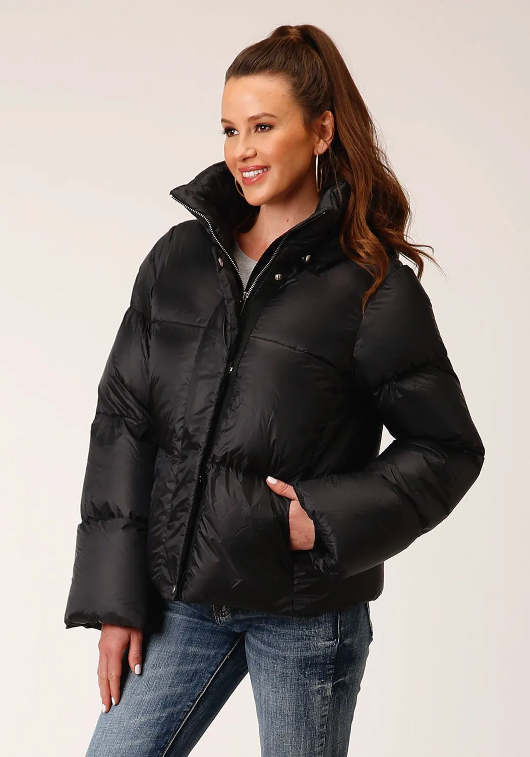 Roper Womens Hooded Puffer Black 100% Nylon Softshell Jacket Trend Setter Trendy Premium Straight Cut