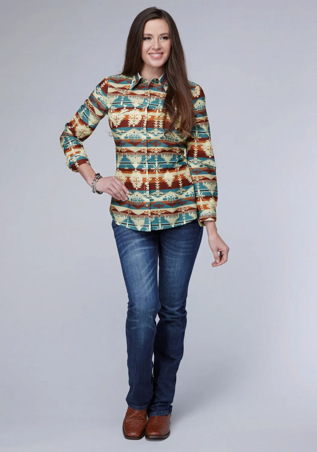 Roper Womens Horizontal Aztec Serape Multi-Color 100% Cotton L/S S/L Shirt Zip Front Everyday Wear