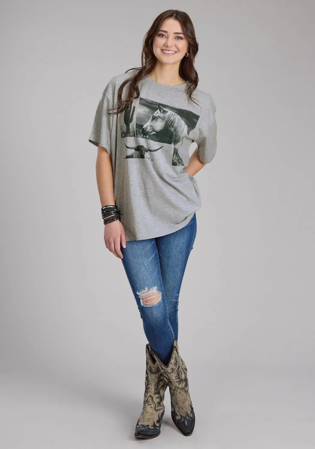 High-Quality Craftsmanship Tailored Cut Roper Womens Horse and Longhorn Grey Cotton Blend S/S T-Shirt