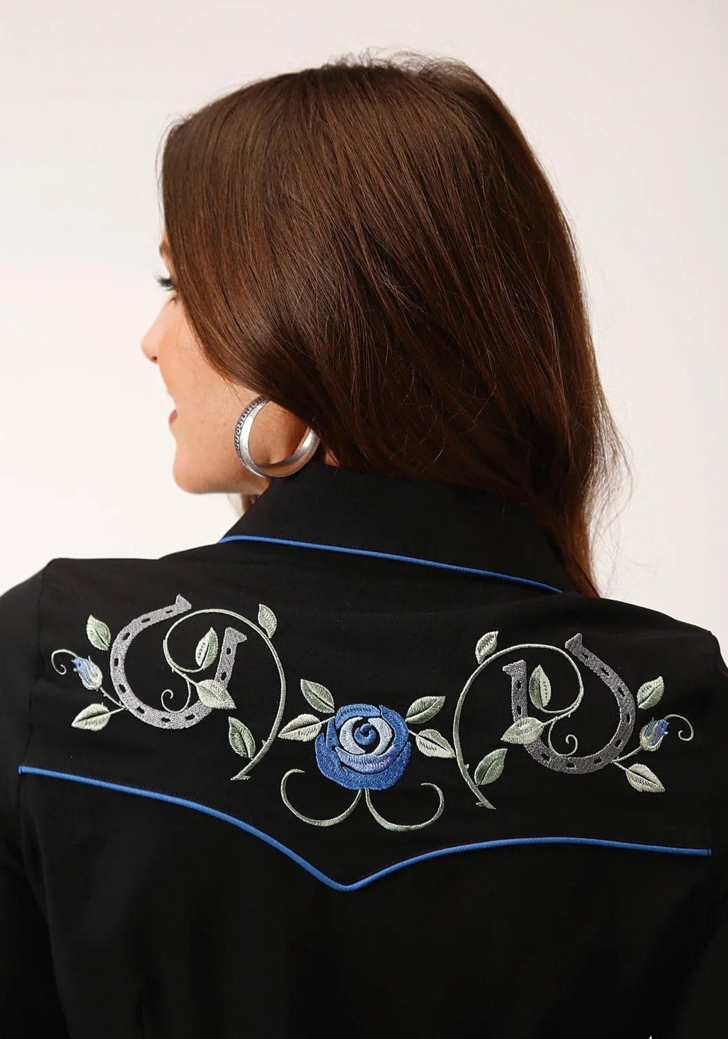 Roper Womens Horseshoe Floral Black Polyester L/S Shirt Pocket Detail