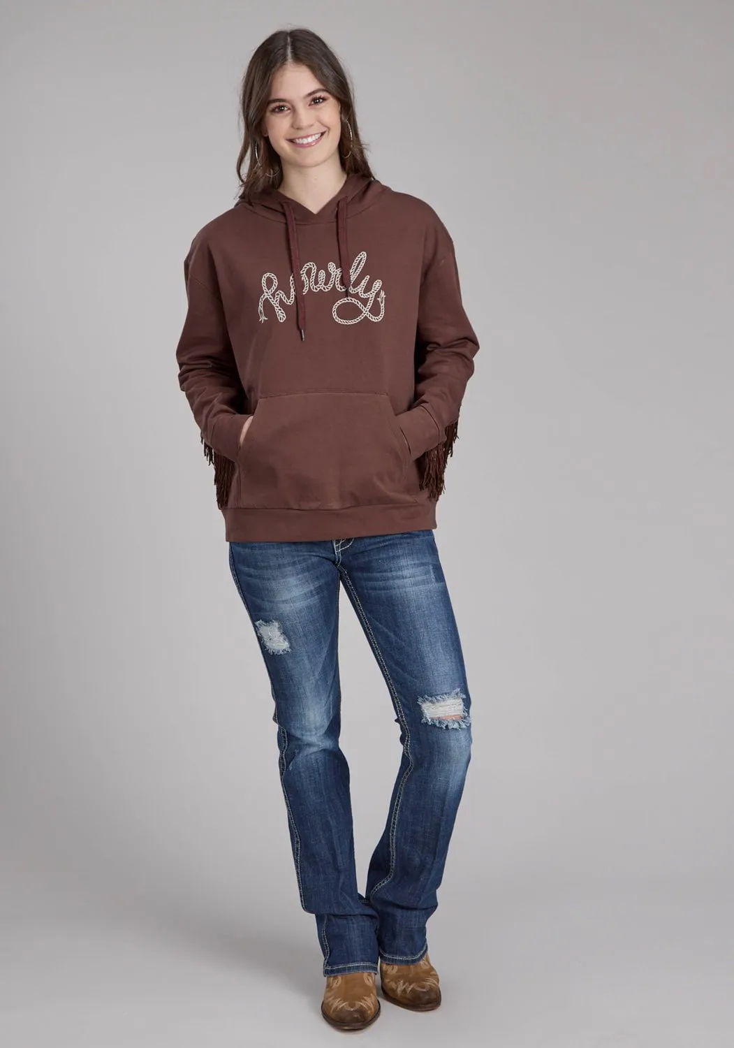 Roper Womens Howdy Fringe Brown 100% Cotton Hoodie Relaxed Fit Design Modern Attire