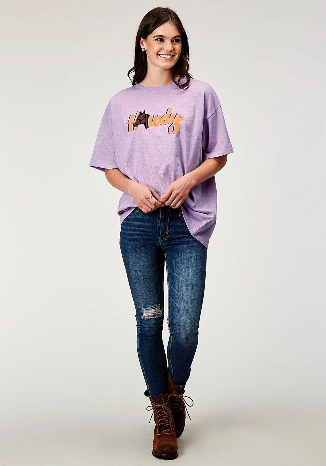 Hypoallergenic Lining Classic Style Roper Womens Howdy Horse Lilac 100% Cotton S/S T-Shirt