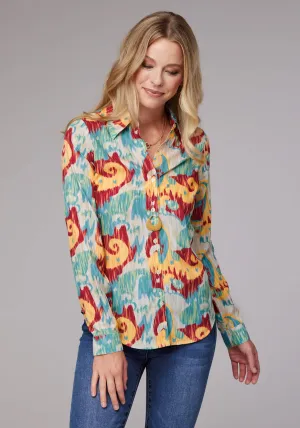 Roper Womens Ikat Paisley Print Multi-Color 100% Polyester L/S Shirt Timeless Fashion Roper Womens Ikat Paisley Print Multi-Color 100% Polyester L/S Shirt Clean Edge Trim Snag Free Surface