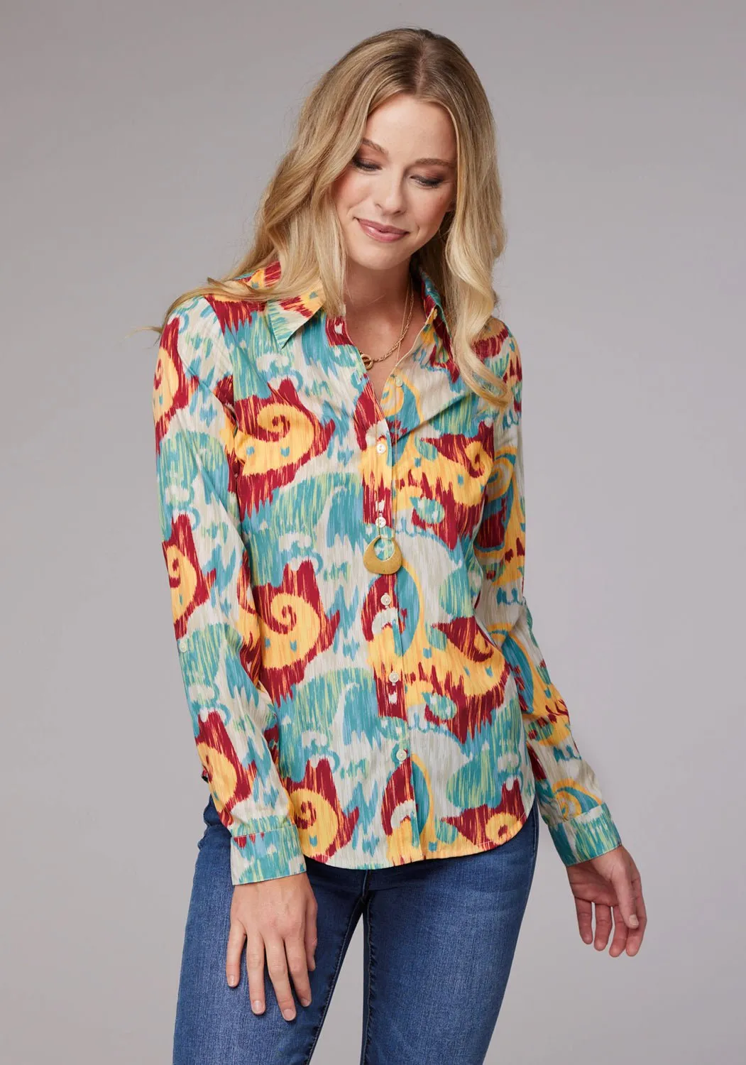 Roper Womens Ikat Paisley Print Multi-Color 100% Polyester L/S Shirt Clean Edge Trim Snag Free Surface