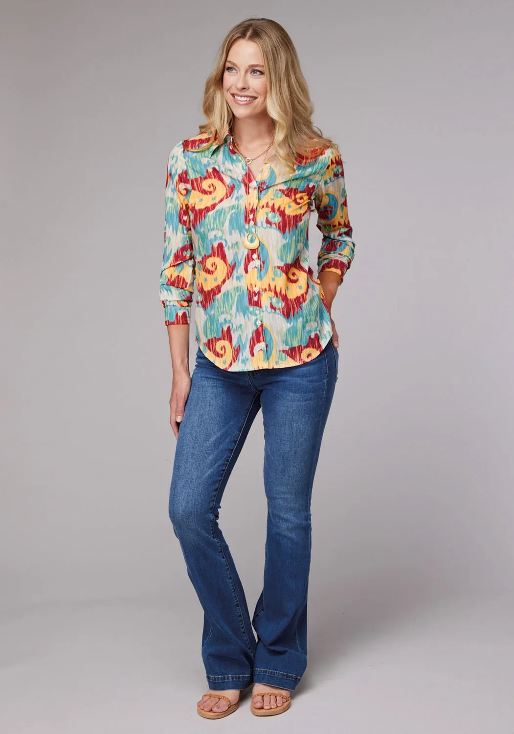Roper Womens Ikat Paisley Print Multi-Color 100% Polyester L/S Shirt No Slip Shoulder Grip Spring Collection