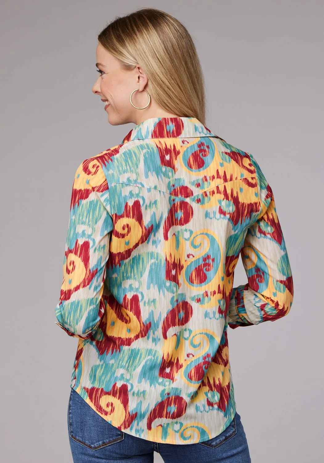 Reinforced Elbow Patches Roper Womens Ikat Paisley Print Multi-Color 100% Polyester L/S Shirt