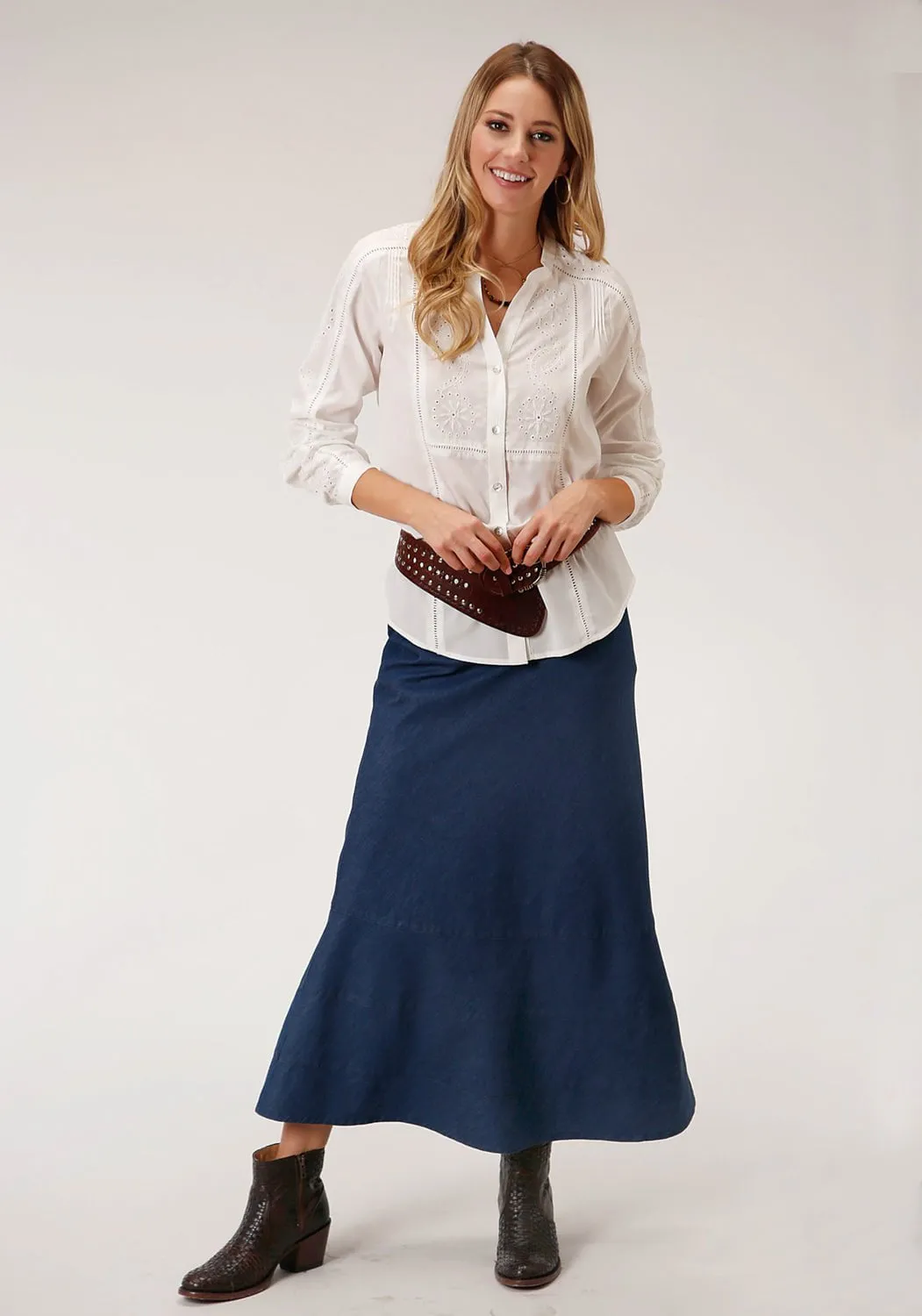 Roper Womens Indigo Blue 100% Cotton Bias Cut Midi Skirt Comfort Fit Design