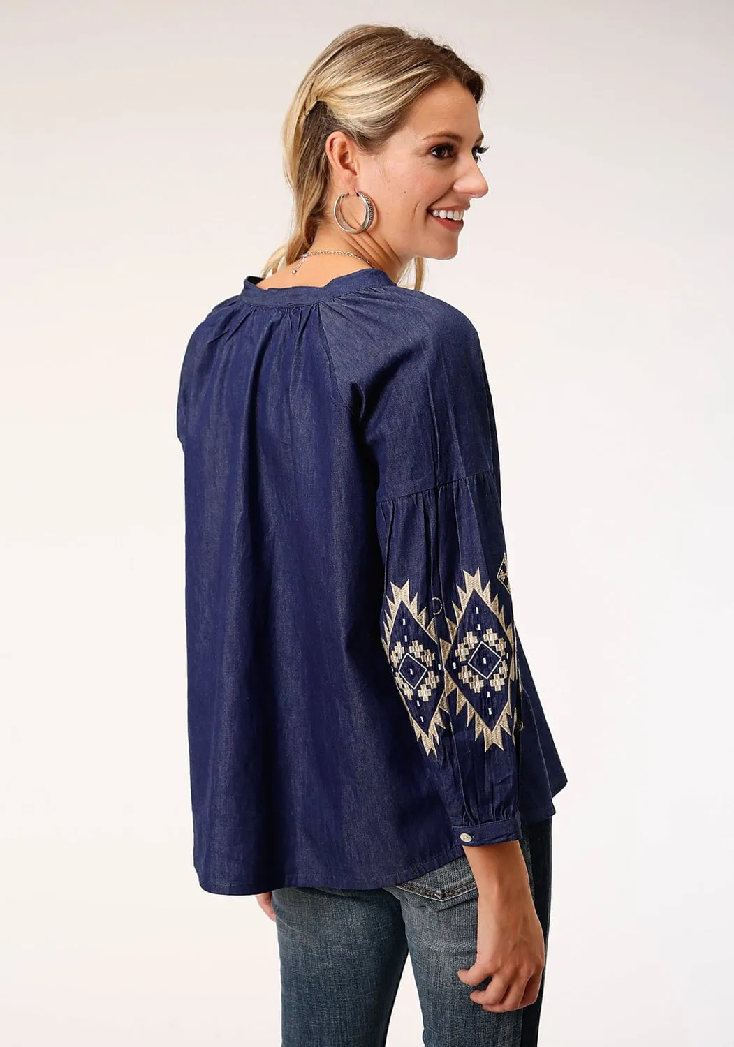 Roper Womens Indigo Denim 100% Cotton Bishop Sleeves S/S Blouse Graduation Attire Casual Look