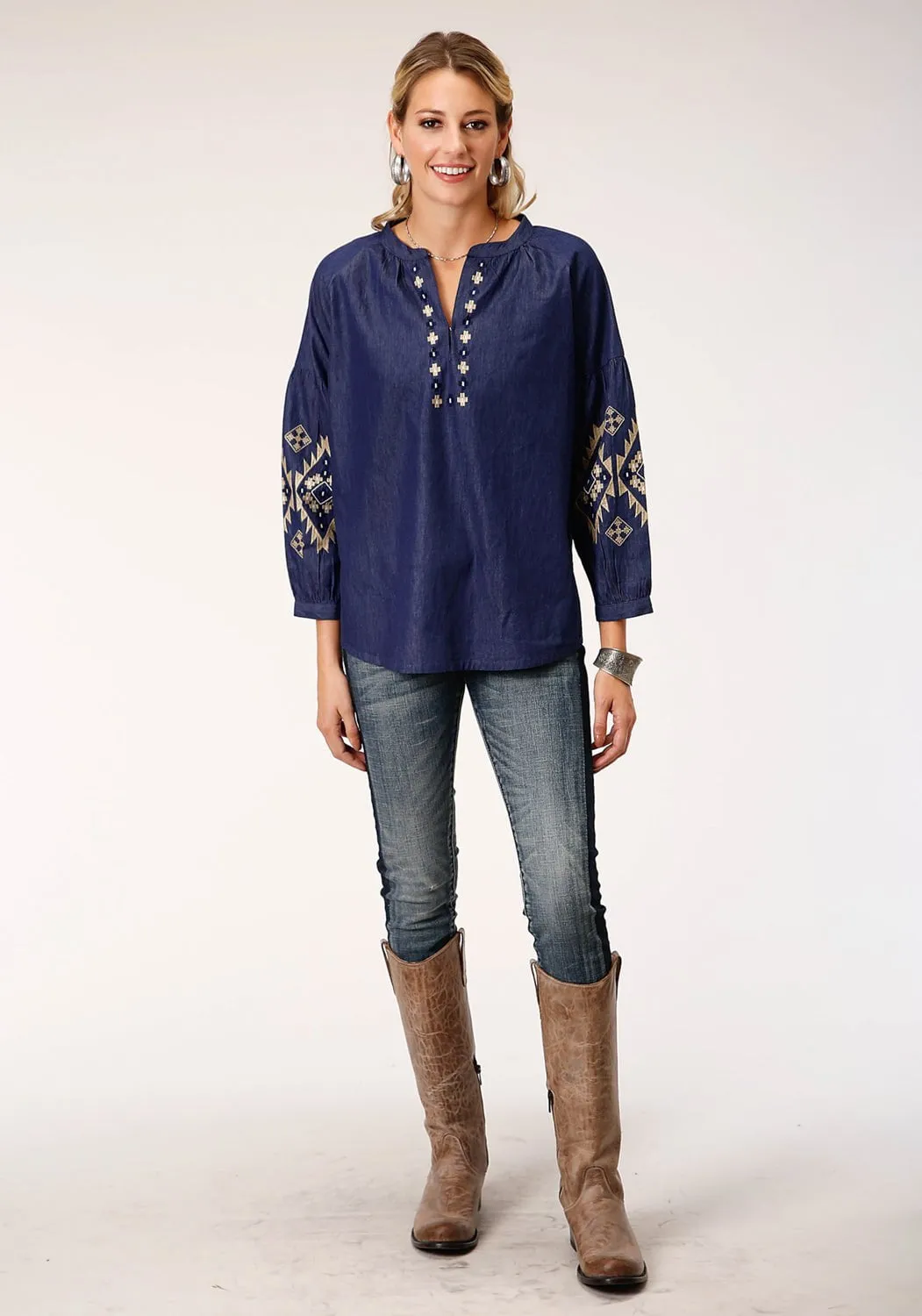 Roper Womens Indigo Denim 100% Cotton Bishop Sleeves S/S Blouse Festival Fashion