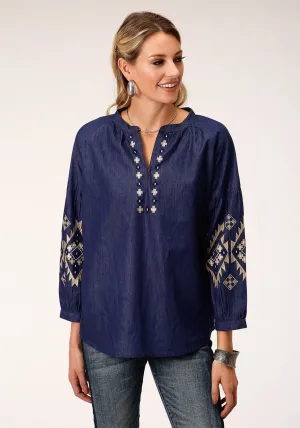 Roper Womens Indigo Denim 100% Cotton Bishop Sleeves S/S Blouse Minimalist Style Roper Womens Indigo Denim 100% Cotton Bishop Sleeves S/S Blouse Comfort Fit