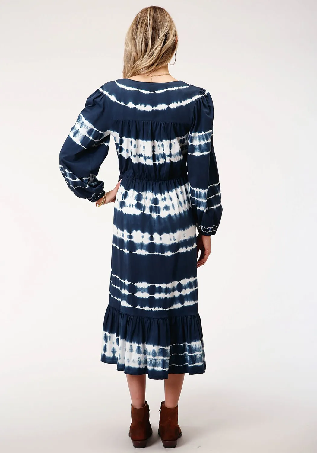 Roper Womens Indigo/White 100% Cotton Tie Dye L/S Dress Comfy Silhouette