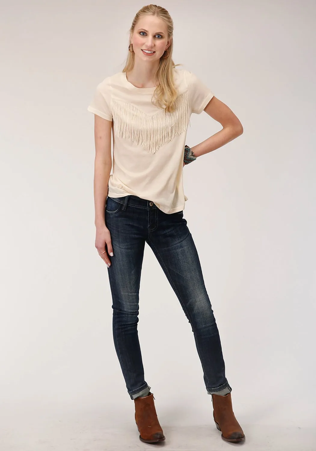 Roper Womens Ivory Poly/Rayon Western Fringe S/S T-Shirt Special Occasion