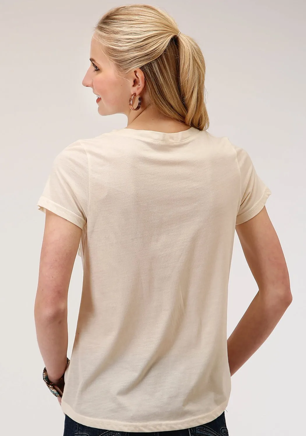 Roper Womens Ivory Poly/Rayon Western Fringe S/S T-Shirt Comfy Wear Workwear Casual