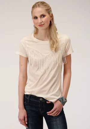 Roper Womens Ivory Poly/Rayon Western Fringe S/S T-Shirt Cool Look Roper Womens Ivory Poly/Rayon Western Fringe S/S T-Shirt Rugged Style Weekend Wear