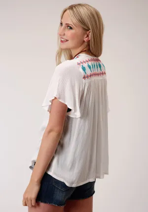 Roper Womens Ivory Rayon/Nylon Crepe Cardigan S/S Blouse Day To Day Permanent Crease Retention Roper Womens Ivory Rayon/Nylon Crepe Cardigan S/S Blouse
