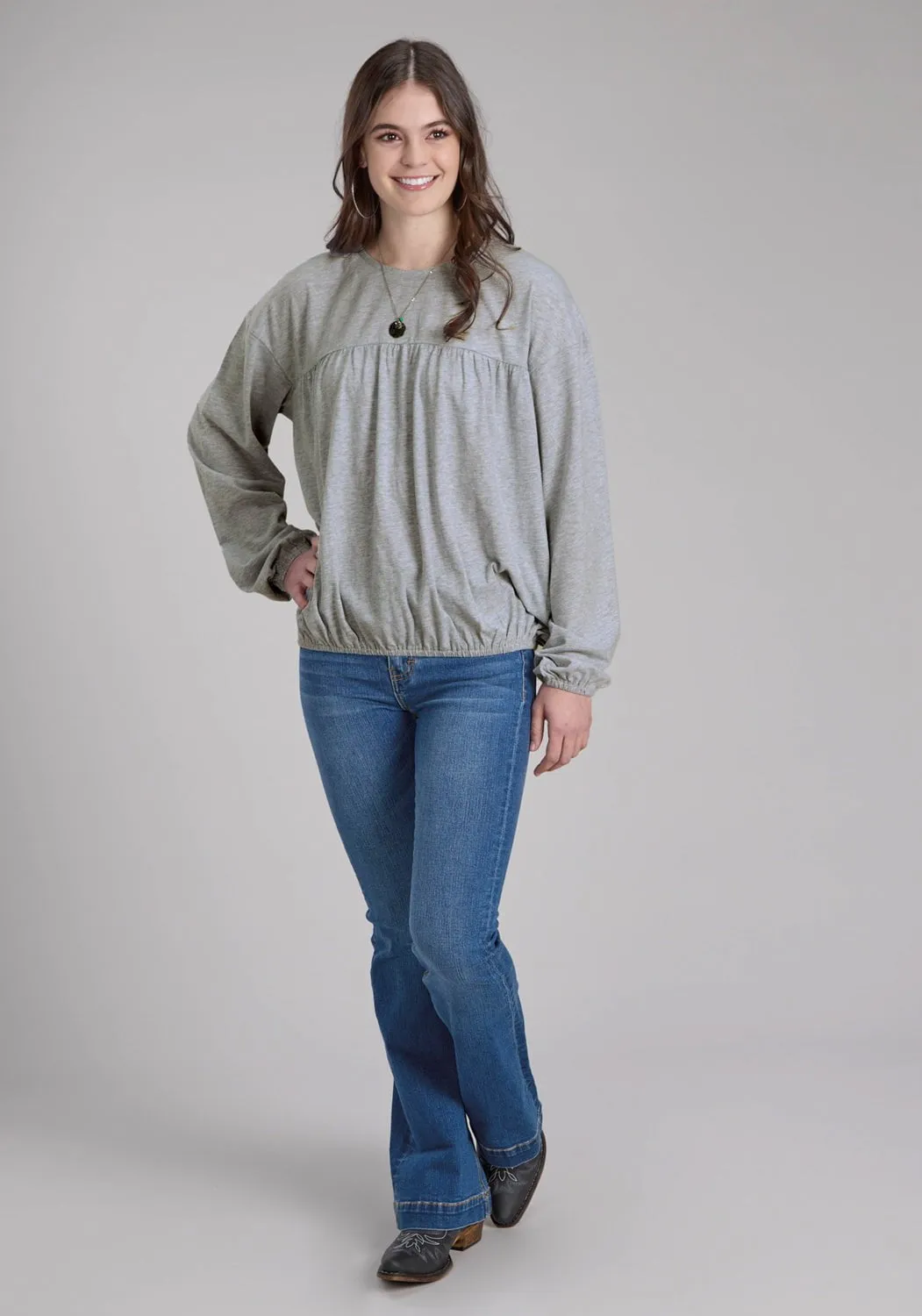 Elegant Finish Roper Womens Jersey Knit Grey Cotton Blend L/S Blouse