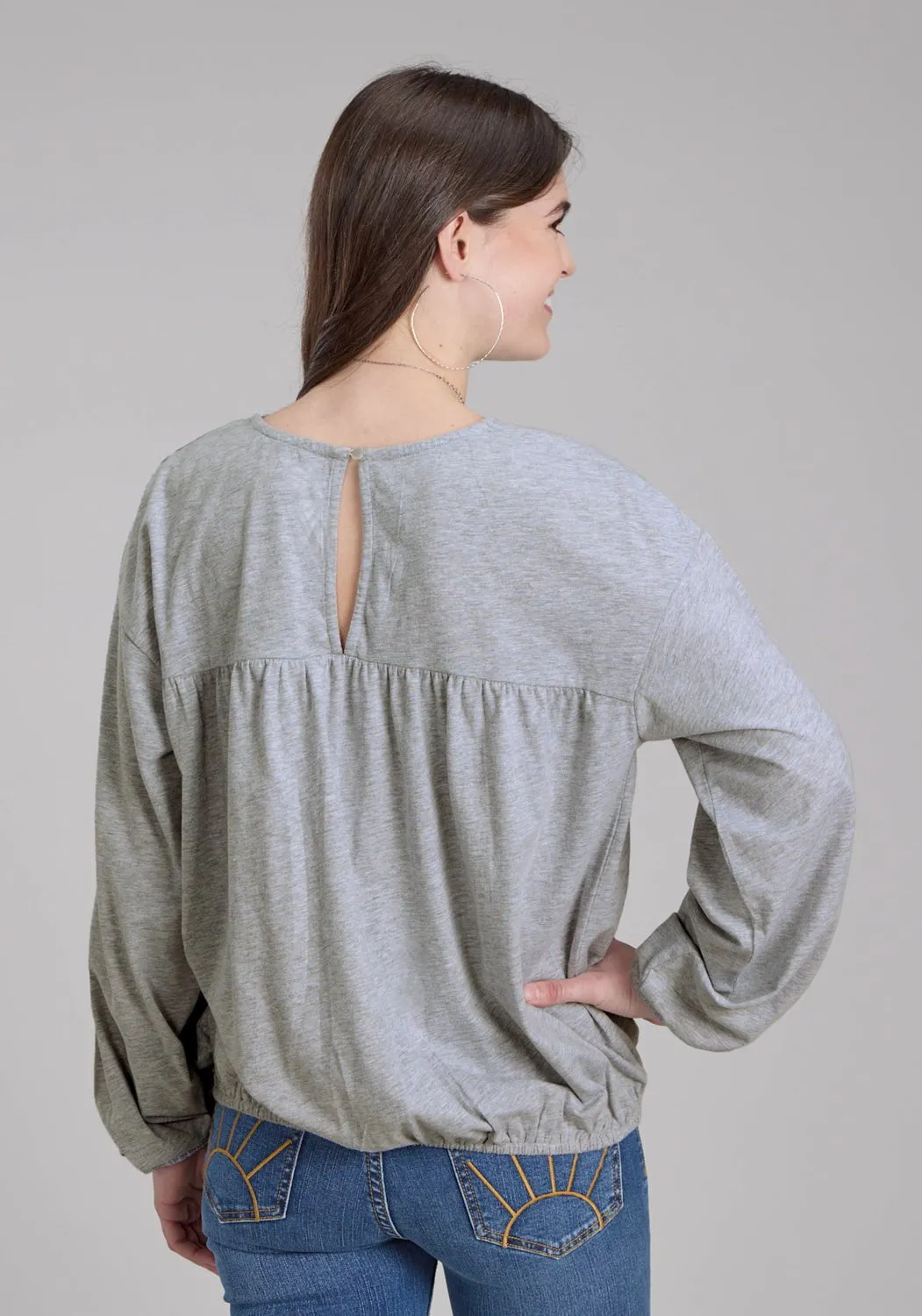 Performance Fabric Zip Front Roper Womens Jersey Knit Grey Cotton Blend L/S Blouse