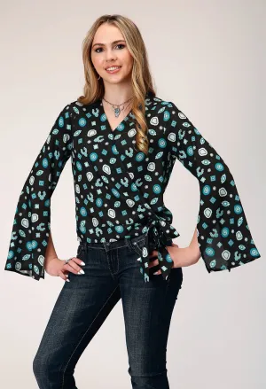 Roper Womens Jewelry Wrap Black 100% Rayon L/S Blouse Metallic Finish Roper Womens Jewelry Wrap Black 100% Rayon L/S Blouse Comfy Look