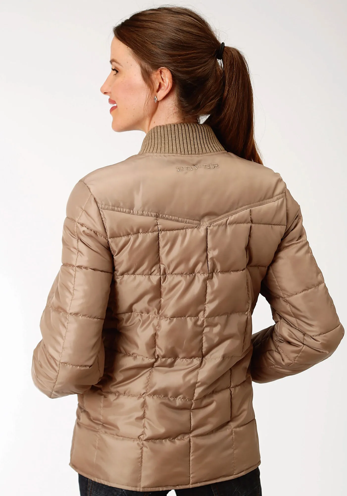 Student Outfit Earthy Roper Womens Khaki Polyester Quilted Insulated Jacket