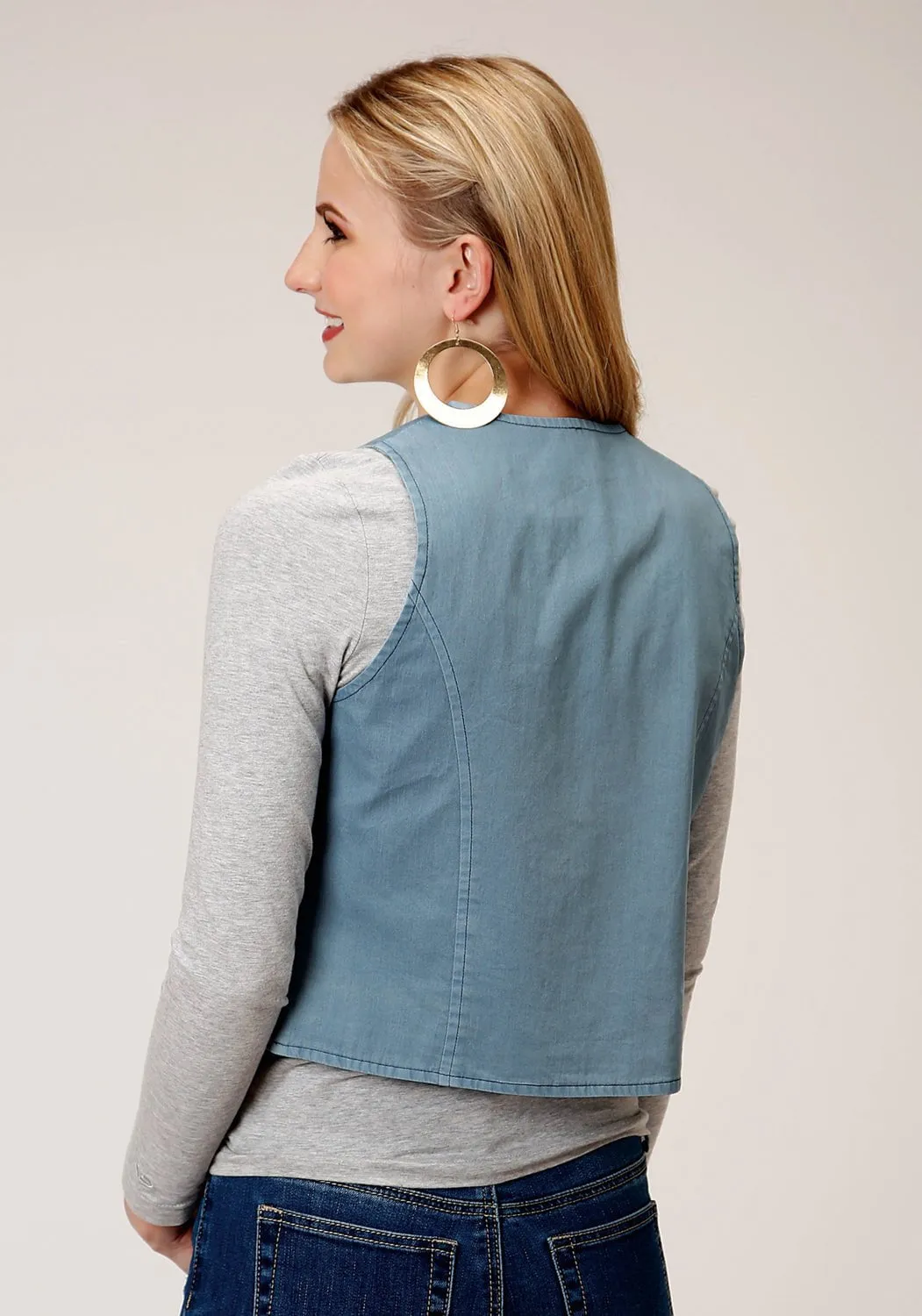 Minimalist Eco Friendly Holiday Vibes Work Ready Roper Womens Light Blue 100% Cotton Denim Western Vest