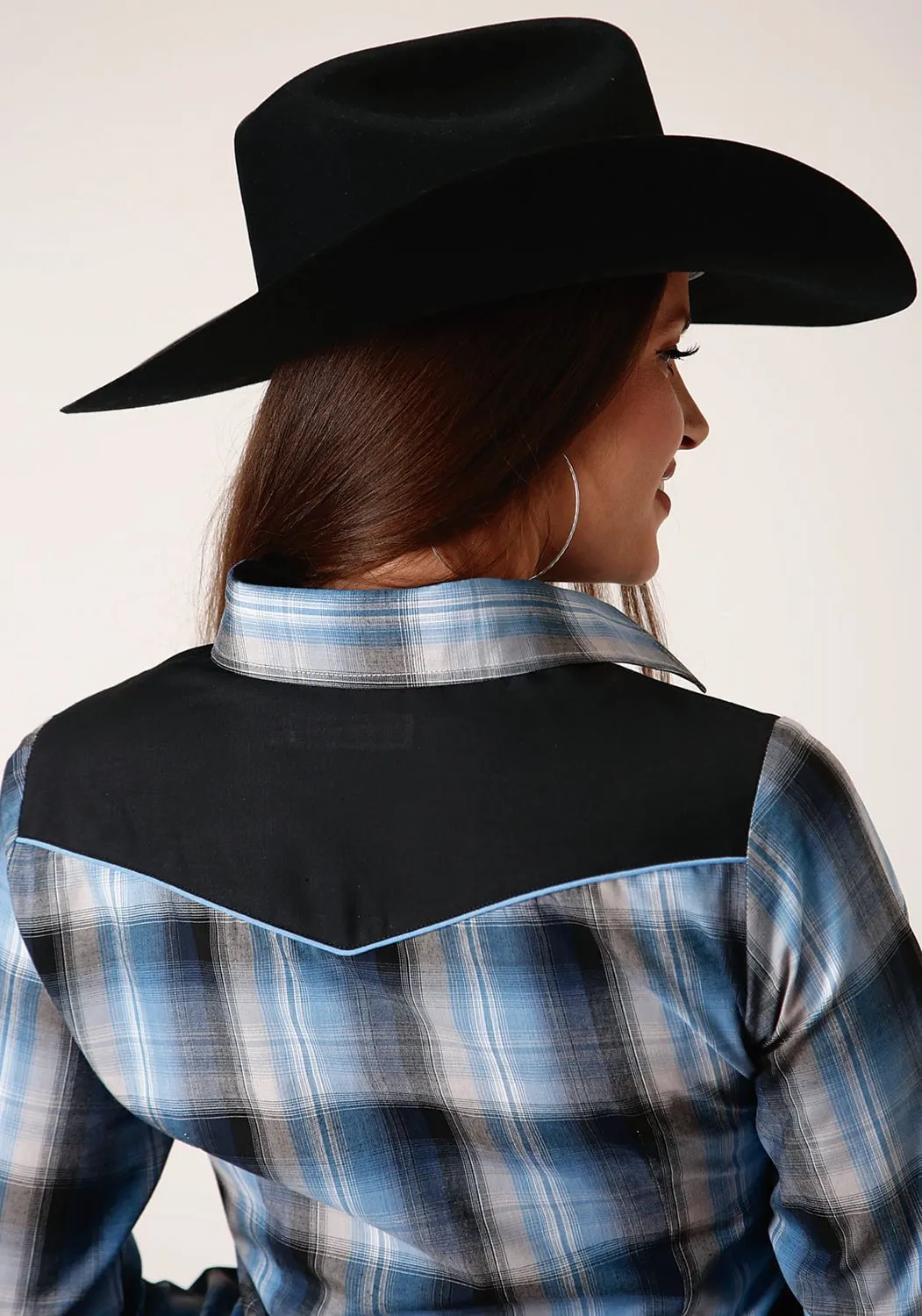 Office Wear Couple Look Work Ready Roper Womens Light Blue/Navy Cotton Blend Plaid L/S Shirt