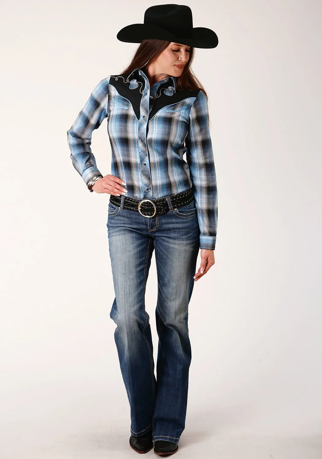 Stone Wash Finish Roper Womens Light Blue/Navy Cotton Blend Plaid L/S Shirt