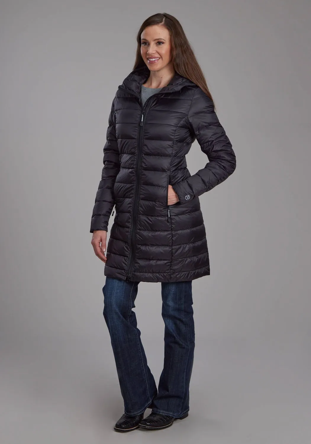 Roper Womens Long Down Filled Black 100% Nylon Insulated Jacket Quick Dry Fabric Modern Minimalist Stretch