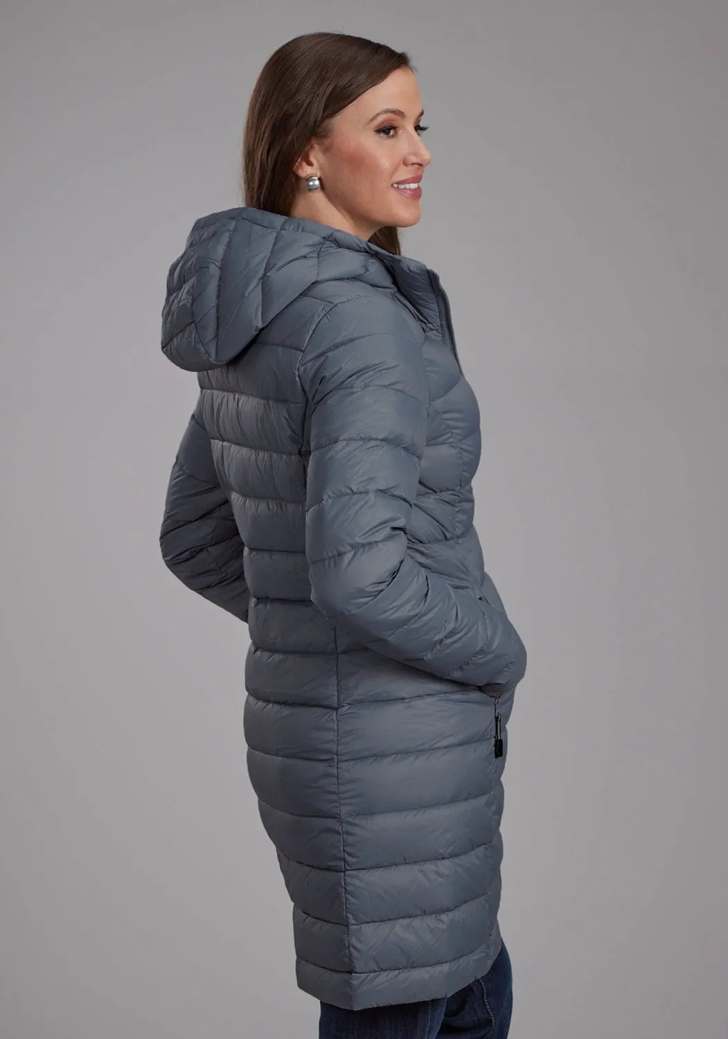 Roper Womens Long Down Filled Silver Blue 100% Nylon Insulated Jacket Brunch Outfit Traveler Gear Chic Appearance