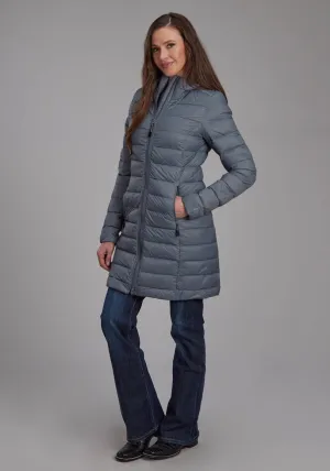 Roper Womens Long Down Filled Silver Blue 100% Nylon Insulated Jacket Odor Resistant Bold Road Trip Loose Spring Mood Roper Womens Long Down Filled Silver Blue 100% Nylon Insulated Jacket