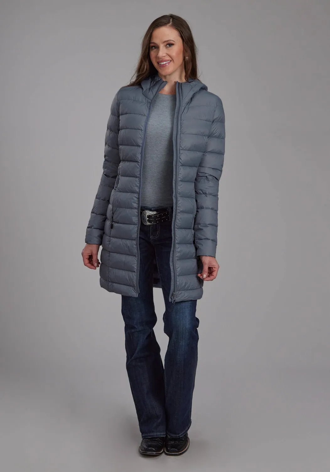 Chill Attire Perfect Fit Design Roper Womens Long Down Filled Silver Blue 100% Nylon Insulated Jacket
