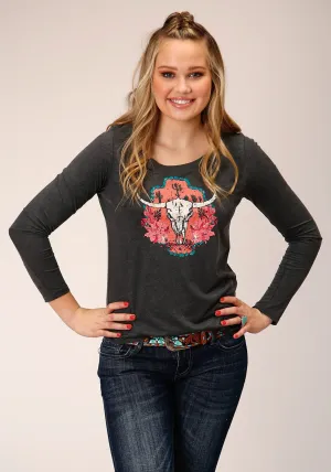 Roper Womens Longhorn Skull Grey Poly/Rayon L/S T-Shirt Smart Wear Roper Womens Longhorn Skull Grey Poly/Rayon L/S T-Shirt Straight Leg Design Closet Classic