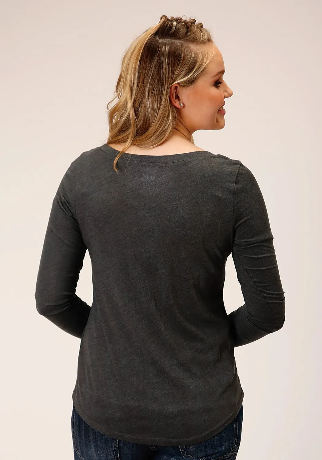 Roper Womens Longhorn Skull Grey Poly/Rayon L/S T-Shirt Perfect Match Loose Smooth Shopping Day
