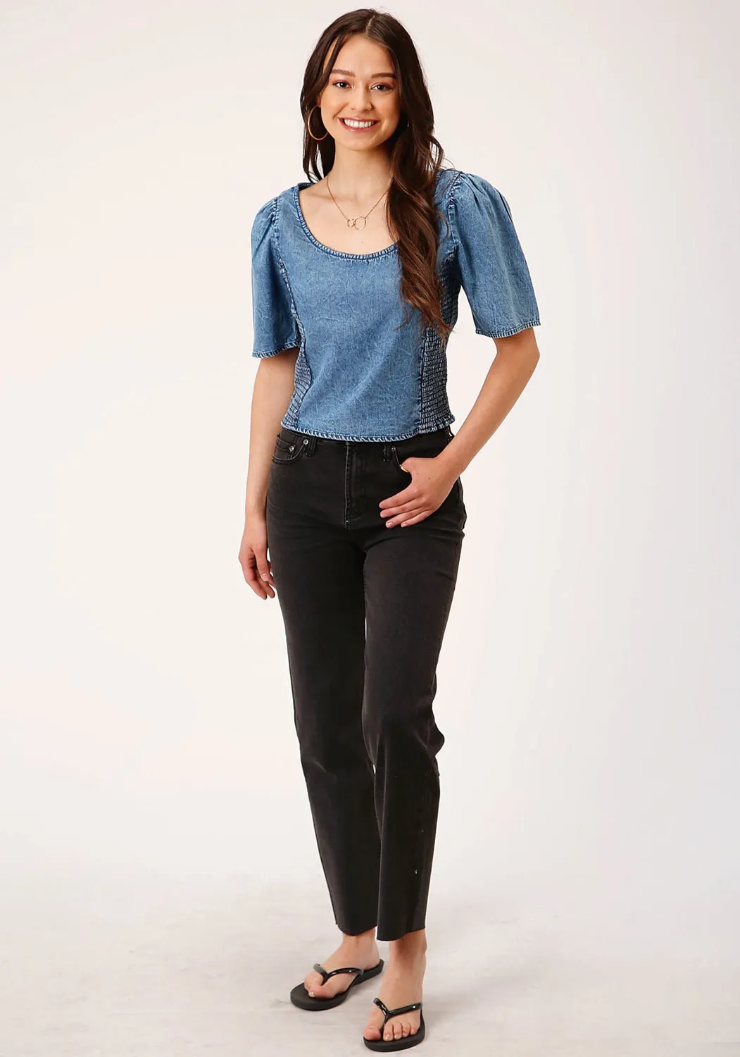 Cultural Inspired Roper Womens Medium Denim Top Blue 100% Cotton S/S Blouse