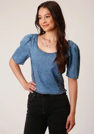 Roper Womens Medium Denim Top Blue 100% Cotton S/S Blouse Stylish Essential Daytime Look Winter Comfort Roper Womens Medium Denim Top Blue 100% Cotton S/S Blouse
