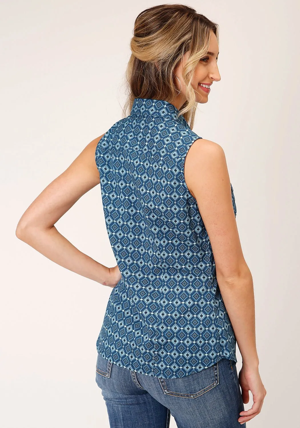 Roper Womens Mini Aztec Blue 100% Cotton S/L Shirt Subtle patterns Flexible Wear