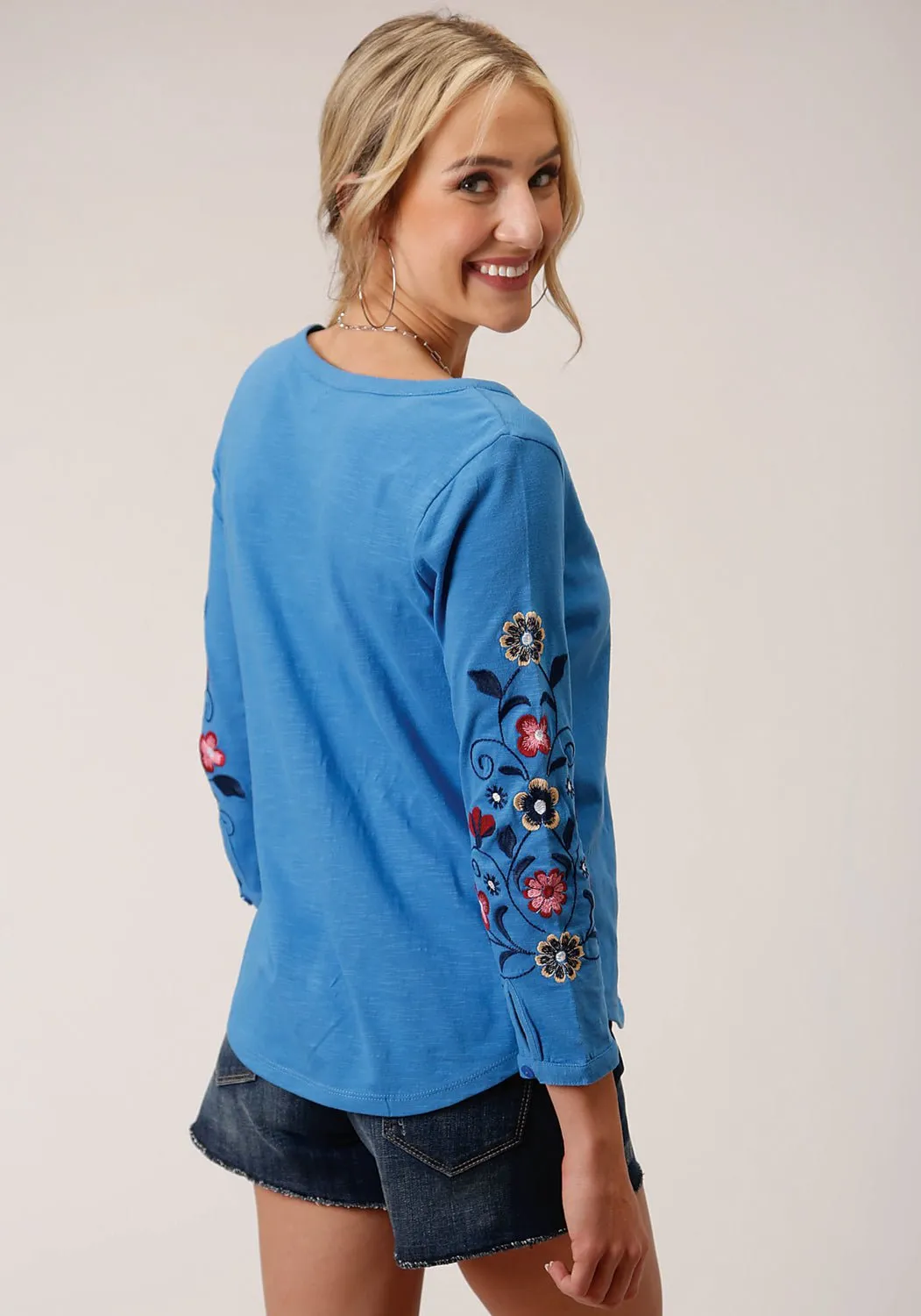 Roper Womens Multi-Color Floral Blue 100% Cotton 3/4 Sleeve S/S Tunic Durable Button Closures