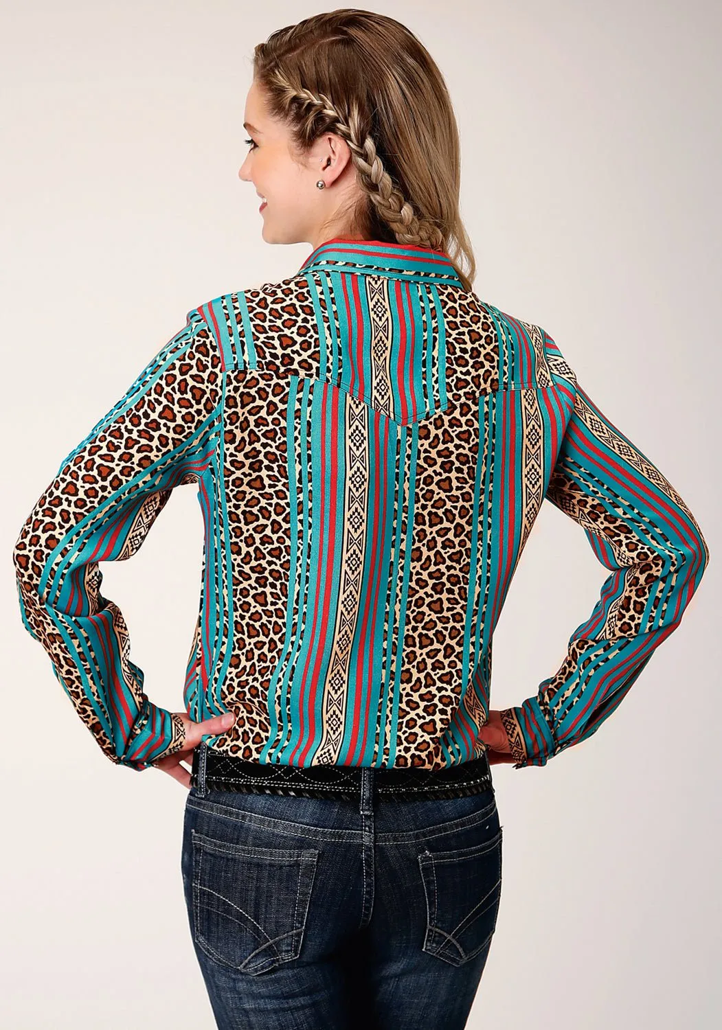 Universal Style Smooth Creative Look Adult Fashion Roper Womens Multi-Color Rayon/Nylon Leopard Stripe L/S Blouse