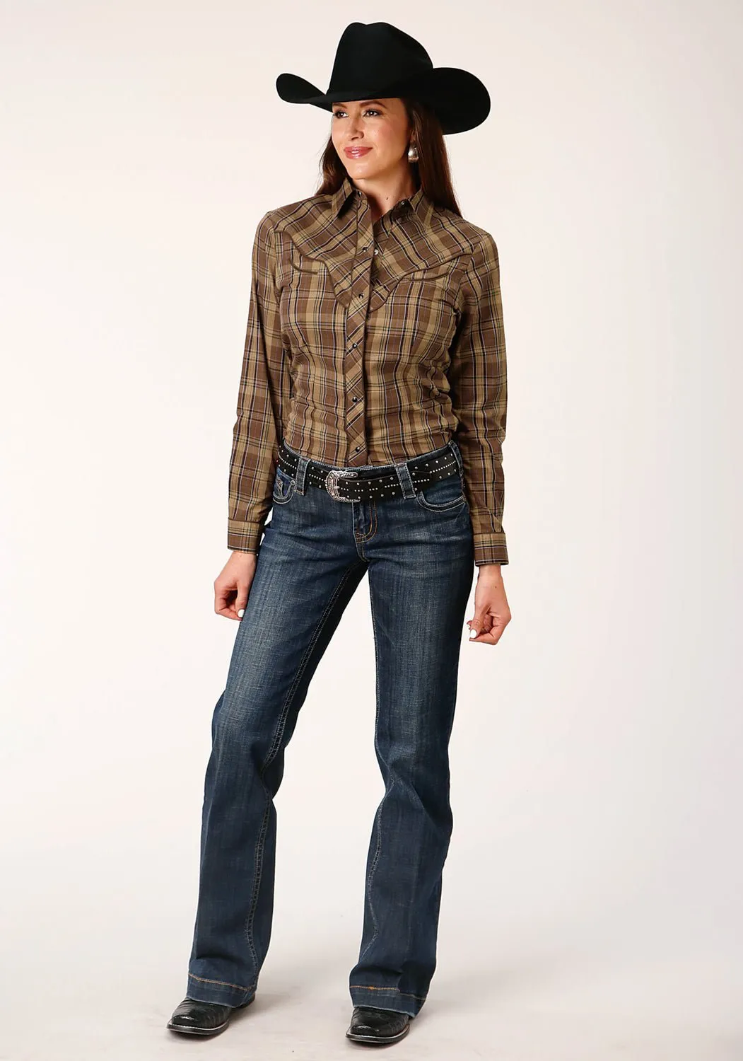 Winter Layering Vibrant color Roper Womens Multi Plaid Brown Cotton Blend L/S Shirt
