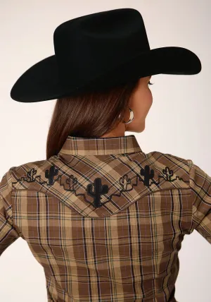 Roper Womens Multi Plaid Brown Cotton Blend L/S Shirt Performance Fabric Fast Drying Bold Pattern Roper Womens Multi Plaid Brown Cotton Blend L/S Shirt