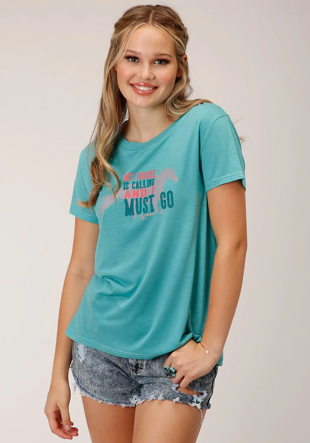 Trendy Look Roper Womens My Horse is Calling Blue Poly/Rayon S/S T-Shirt