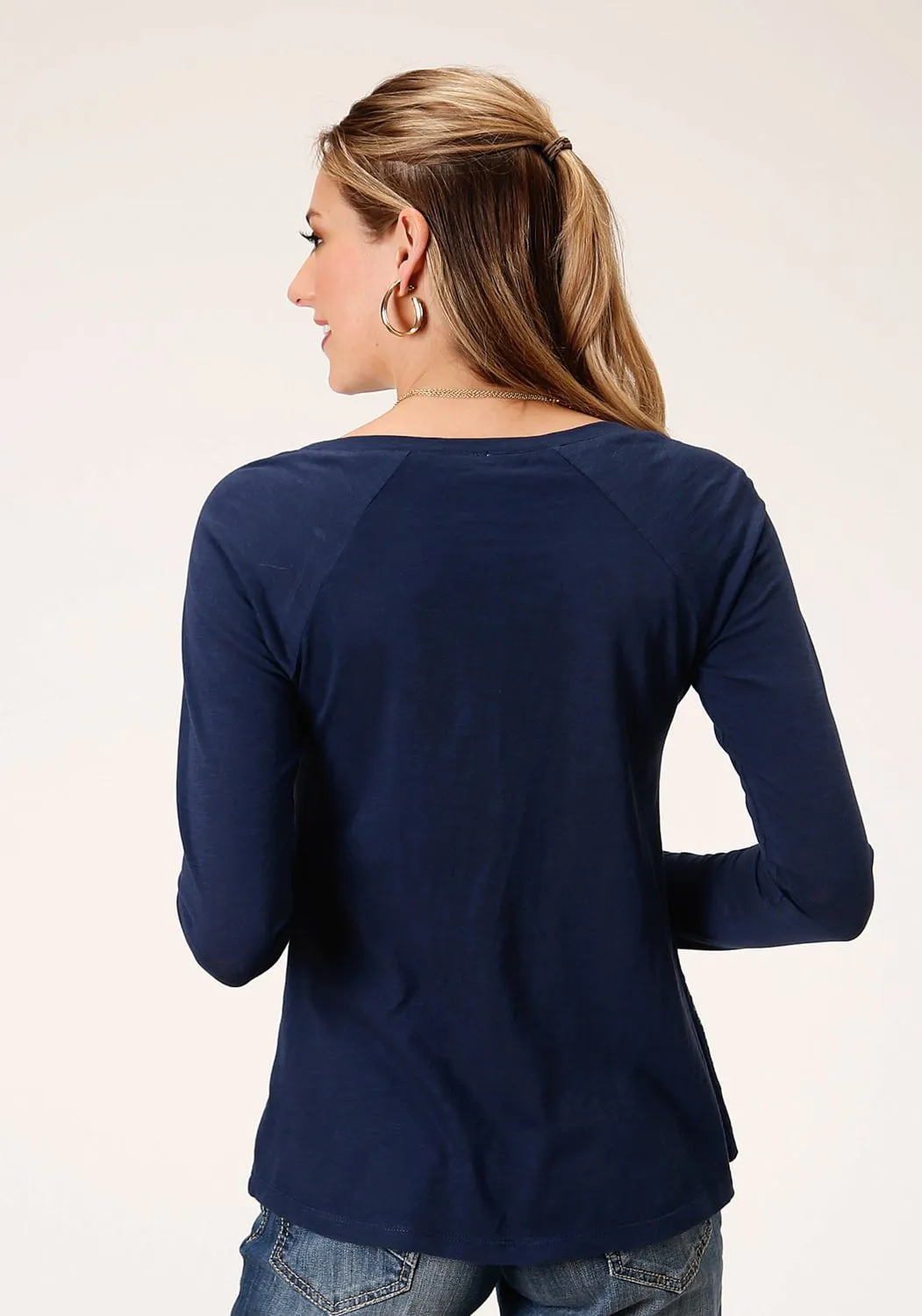 Roper Womens Navy 100% Cotton Floral Crewel L/S T-Shirt Traveler Gear Nature Lover Night Out Anti Snag Thread Technology