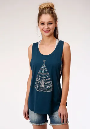 Roper Womens Navy Blue Cotton Blend Nailhead Teepee S/L Tank Top Fashionable looks Reinforced Elasticity Roper Womens Navy Blue Cotton Blend Nailhead Teepee S/L Tank Top