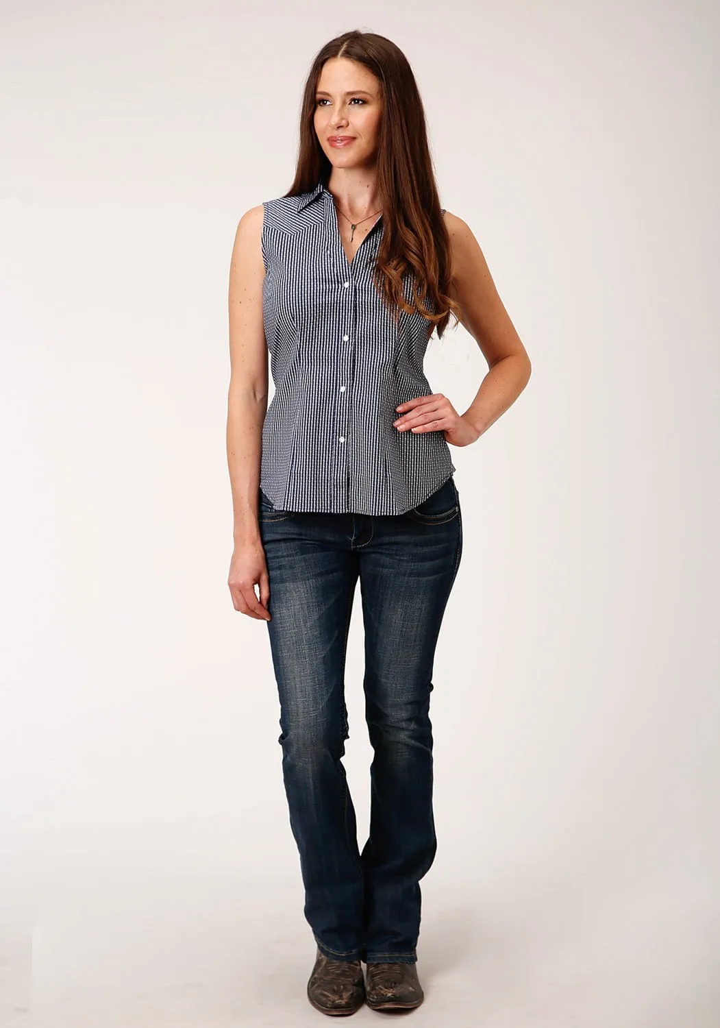 Roper Womens Navy Cotton Blend Arrow Roper S/L Shirt On-The-Go Style Relaxed Look