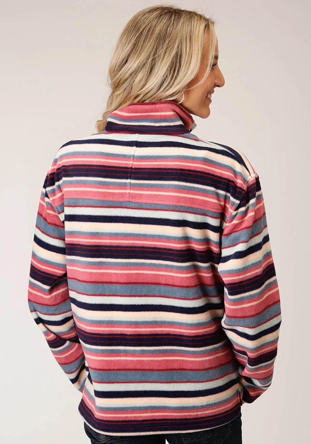 Roper Womens Navy Multi Polyester Horizontal Stripe Fleece Jacket Softened Denim Material Balanced Piece